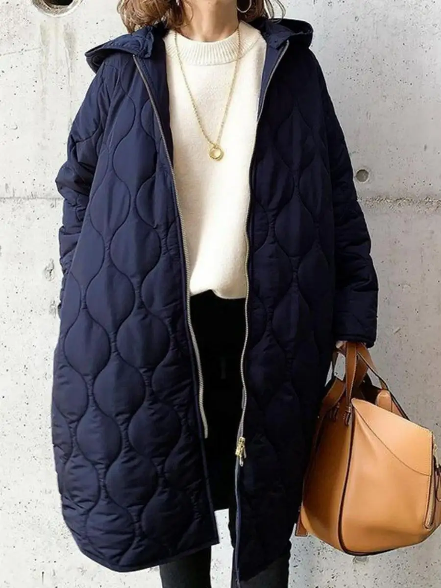 

Women's Street Sle Cotton Jaet Autumn Winter New Asymmetric Diamond Pattern Loose Zipper Hooded Coat Long Sve Thiened