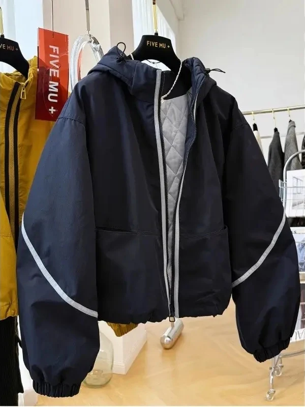 

Large Size Casual Hooded Jaet Men's Women's Autumn Winter Cotton Insert Warmth Splicing Coat Zipper Closure Windproof