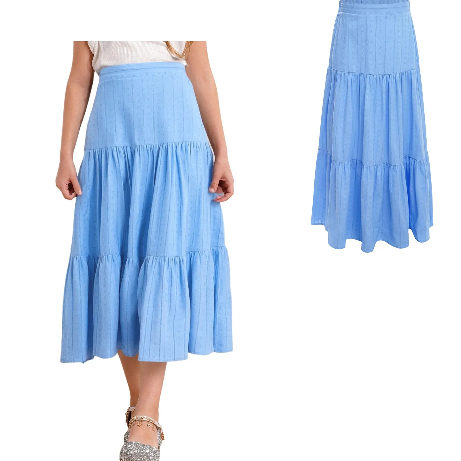 

Girls Jacquard Ruffled A-lined Skirts Casual Solid Color High Waist Ankle Length Skirts Vacation Holiday Beach Birthday Wedding