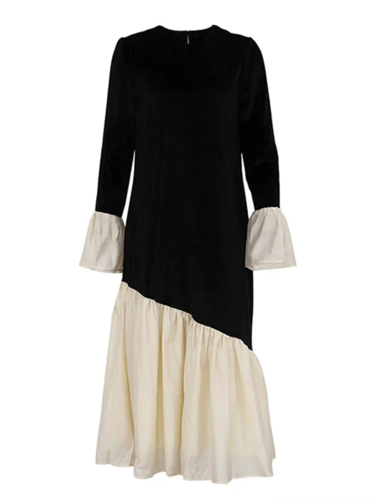 Freeacy vestido feminino solto de veludo, cor contrastante, mangas largas, vestido de festa plissado, moda outono, vestidos com articulação dividida