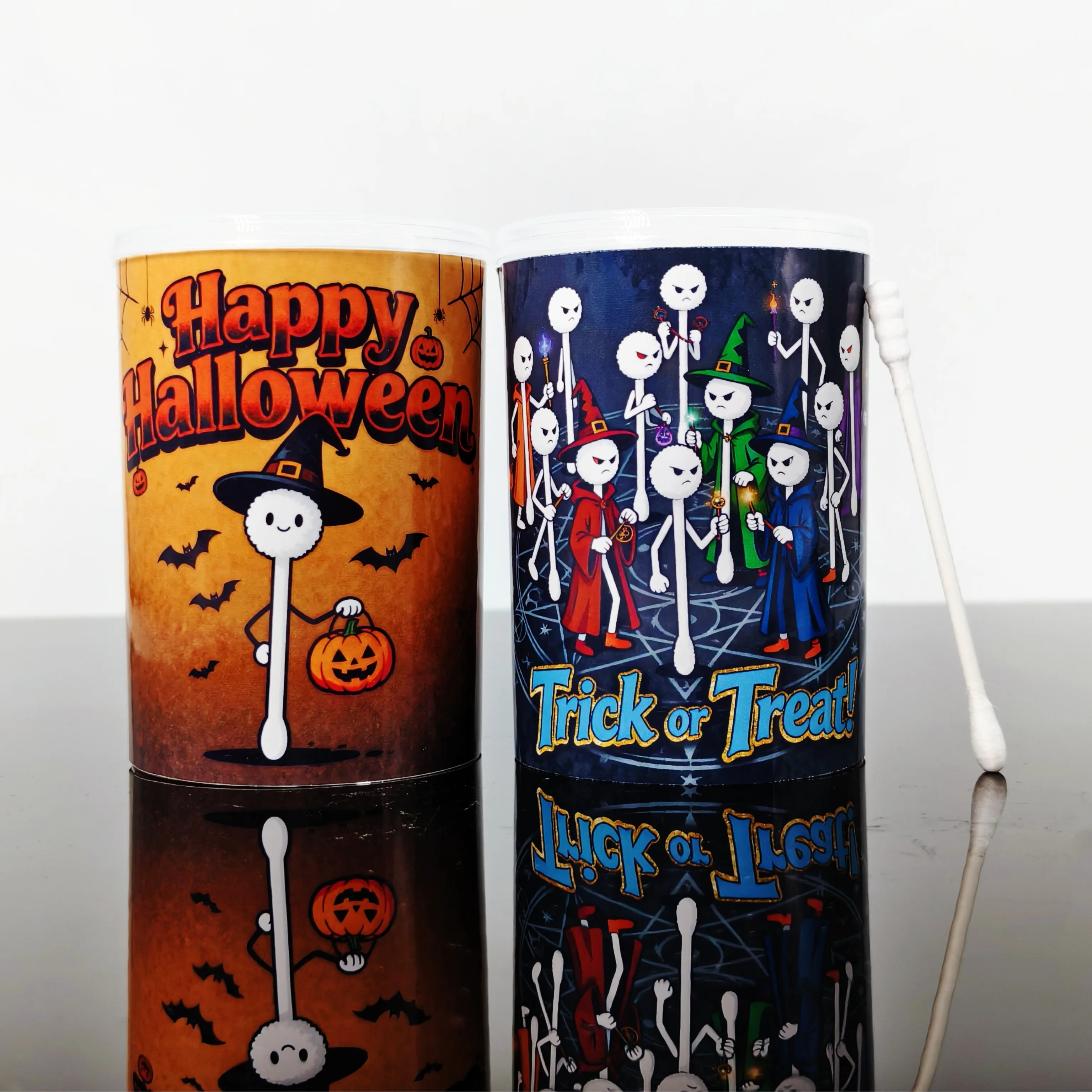 200개 할로윈 테마 양면 두꺼운 면봉, 나선형 원형 면봉, 마법 요소 면봉