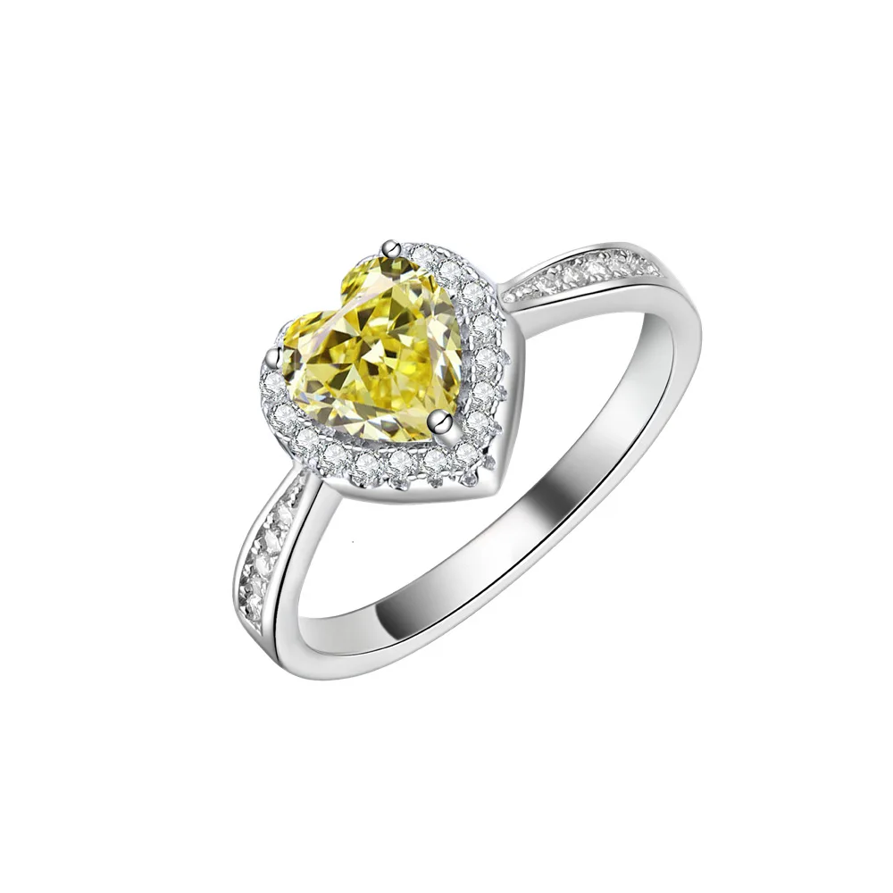 2023 New 6mm Heart Shaped Yellow Diamond Ring for Women 925 Silver Fashion Light Luxury Ring