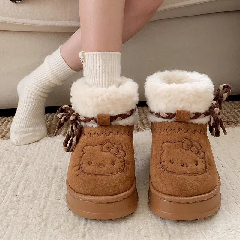 Sanrio Hello Kitty Snow Boots Winter Girl Plush Snow Booties Keep Warm Slippers Shoes Non-Slip Sneaker Outdoor Warmth Snow Boot