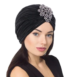 New Women Luxury Metallic Shinny Ruffle Turban Muslim Head Wrap With Beaded Flower Lady Chemo Bandanas Hijab Hair Accessories