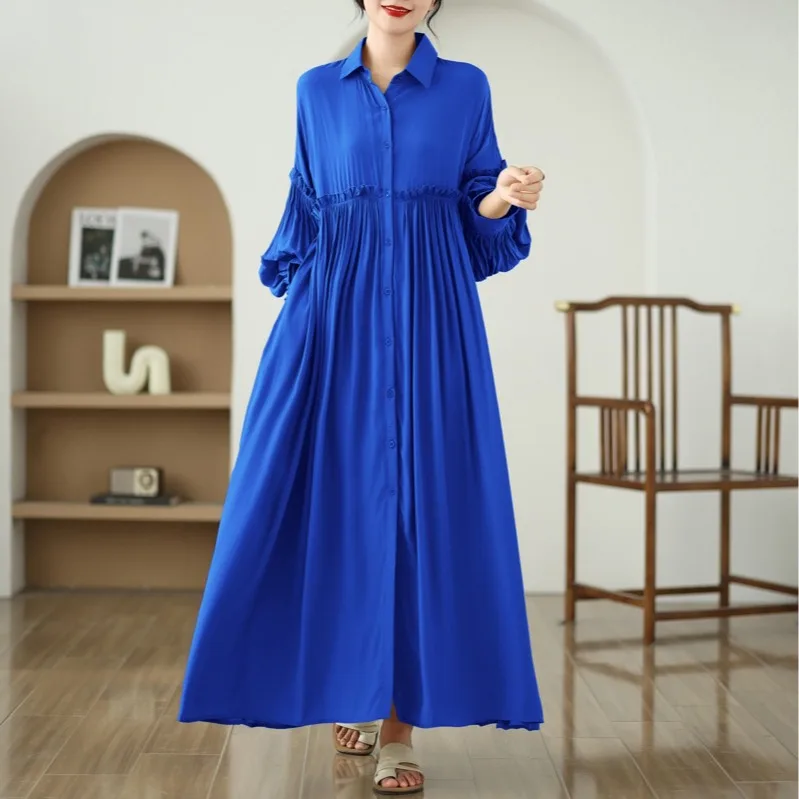 

High Quali Drapey Wooden Pleat Loose Slimming Long plus Size Dr Copper Ammonia Silk irt Sle Ci Commute Dr