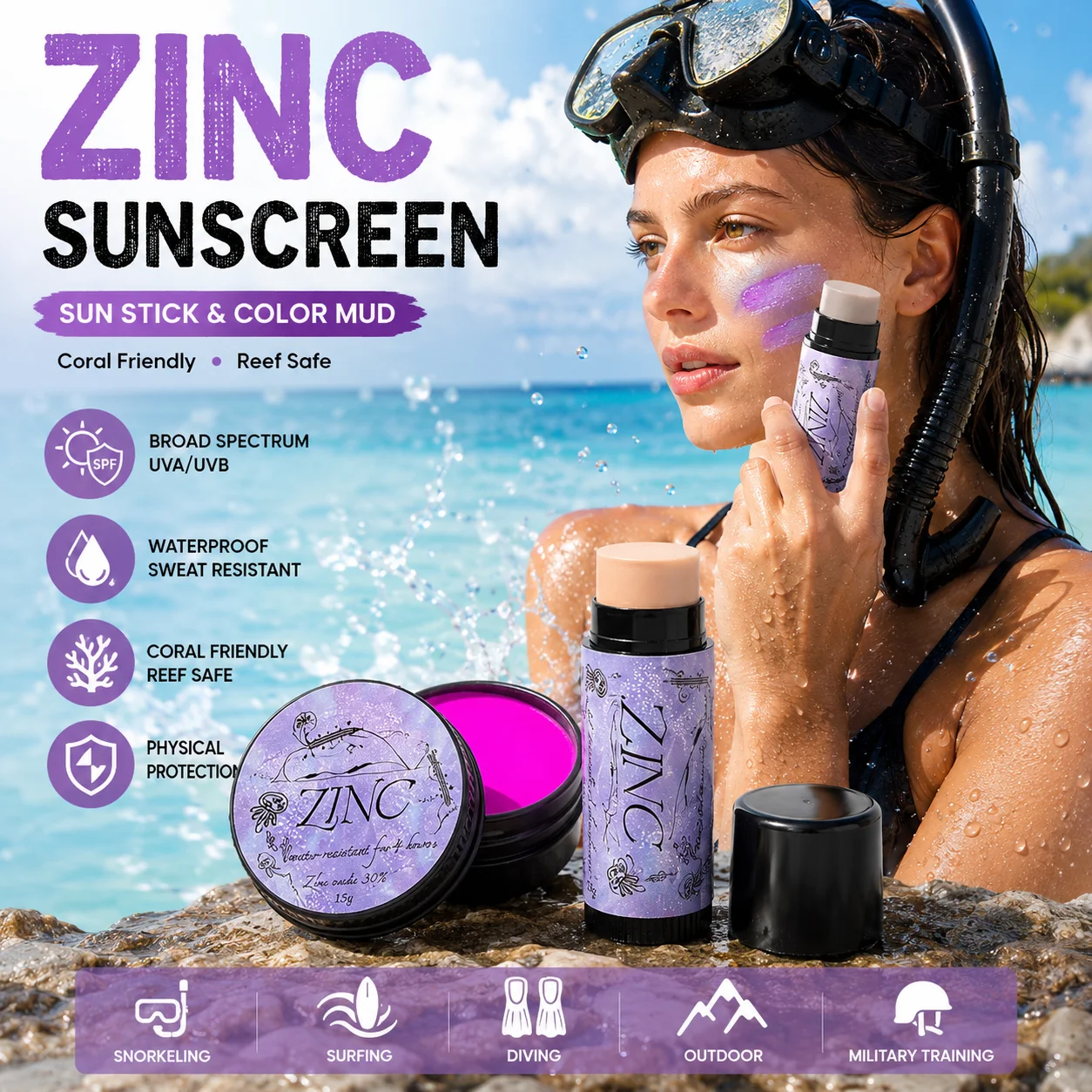 Zinc Sunscreen Stick Color Mud Coral Friendly Reef Safe Waterproof Broad Spectrum Physical UV Protection Snorkeling Surfing Divi