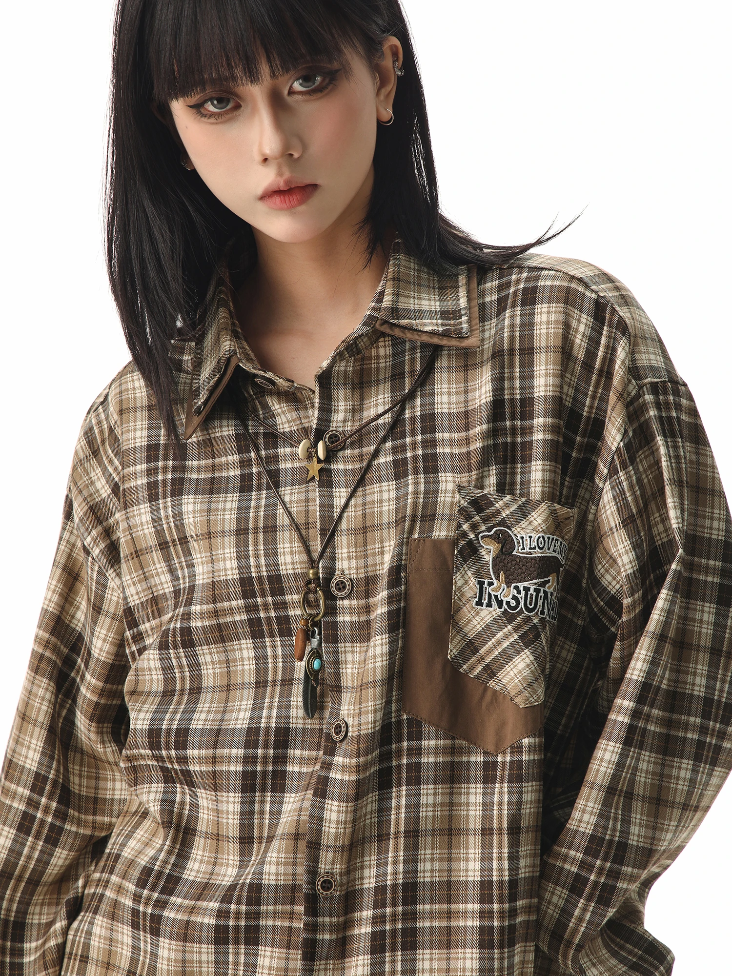 

CCAPTAINBEER American Sle Retro Plaid Loose Women's irt Autumn Casual Couple's Top Comfortable Polyester Blend