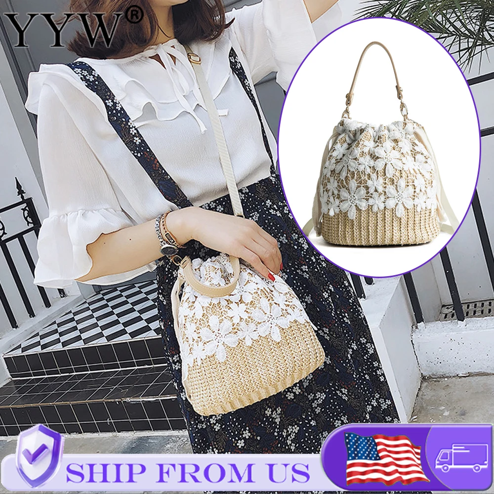 Summer Straw Weave Woven Handbag Women Fashion Bucket Bag Causal Holiday Beach Bag Elegant Floral Lace Shoulder Crossbody Bag 2026