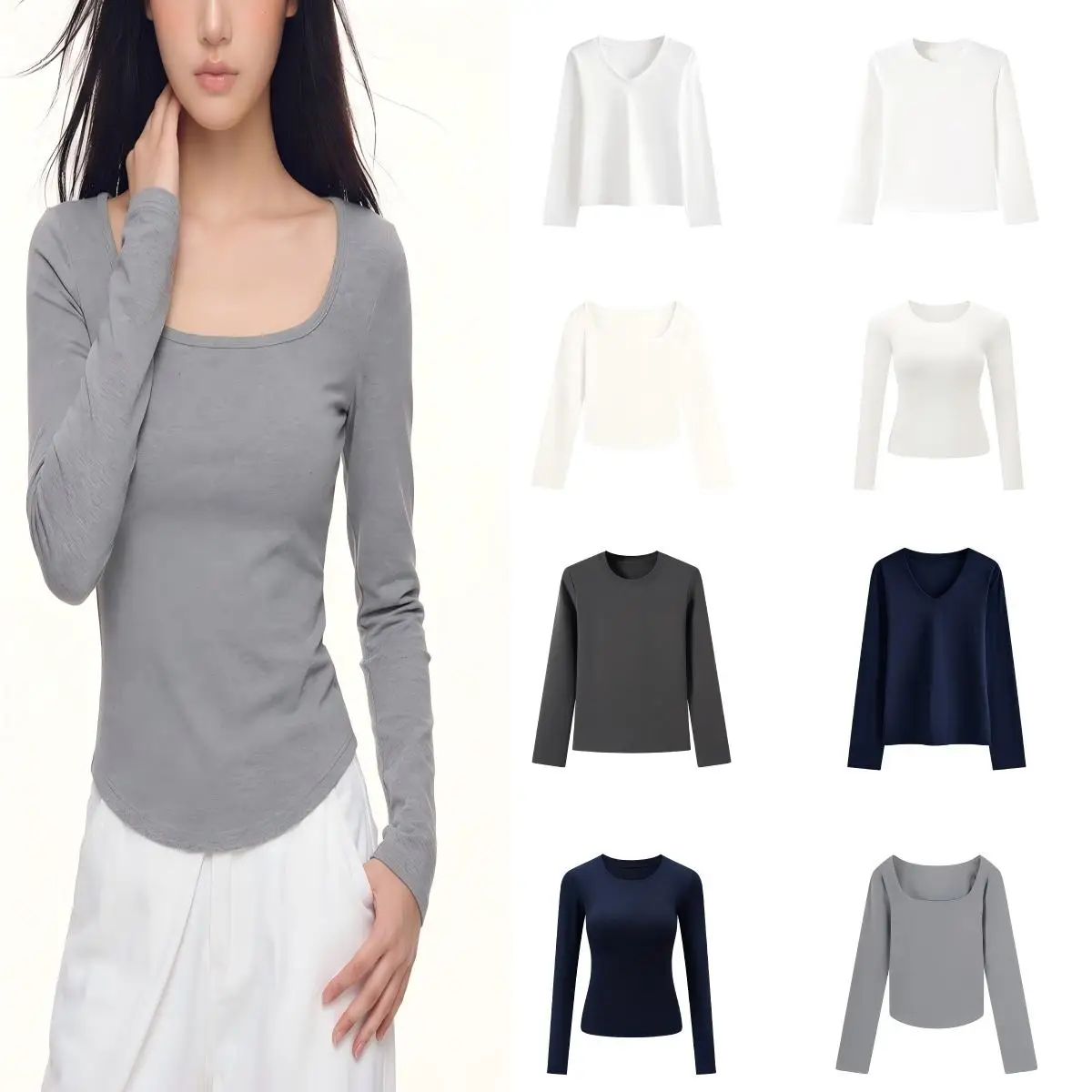 Camiseta de manga larga con cuello redondo y cuello en V de algodón de bambú para mujer, colección otoño/invierno 2026, nueva llegada, ropa interior, básica, para busto grande, cintura alta