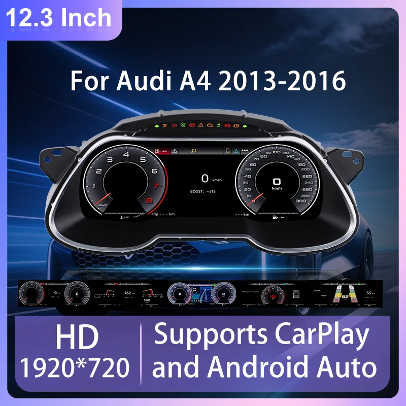 12.3" Digital Instrument Cluster Virtual Cockpit For Audi A4 2013-2016 LCD Dashboard Speedometer Wireless Android Auto CarPlay Real-Time TPMS Live Data