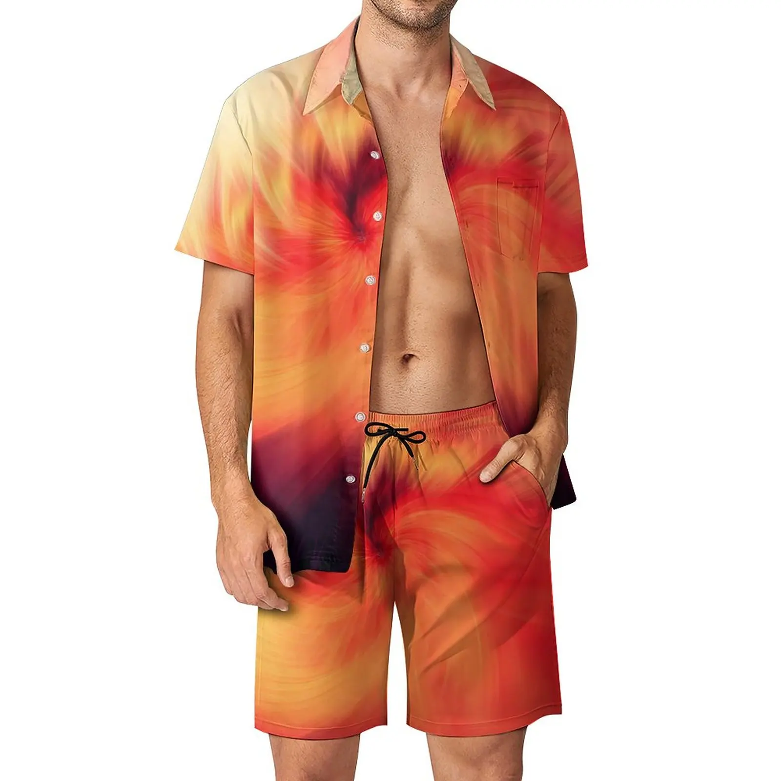 Fire Blending Herren-Sets, abstrakter Druck, Hawaii-Freizeithemd-Set, kurzärmelige Grafik-Shorts, Sommer-Strandanzug, große Größe