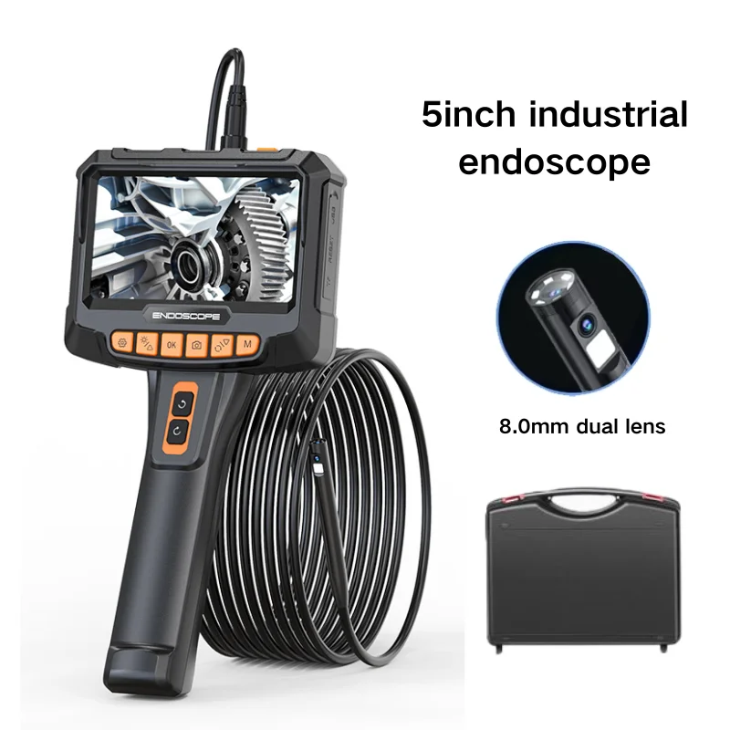 360° Rotation Industrial Endoscope Cameras HD 1080P With 5inch Screen And 8mm Dual Lens Inspection Borescope for Sewer