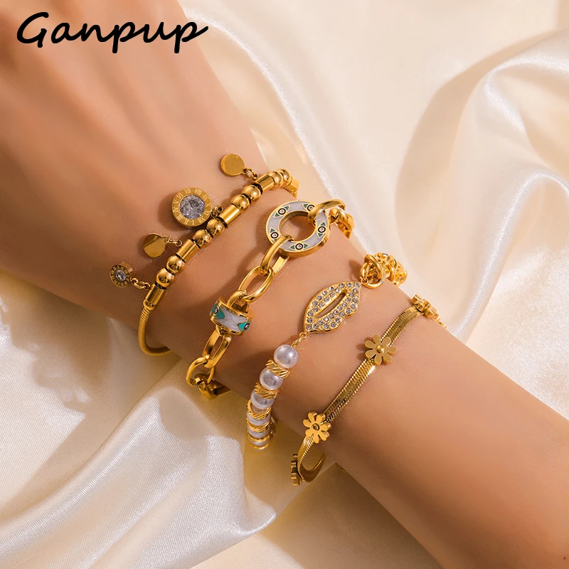 GANPUP 316L Stainless Steel Metal Wrist Chain Charms Bracelet Bangle For Women New Gold Color Waterproof Fashion Jewelry Bijoux