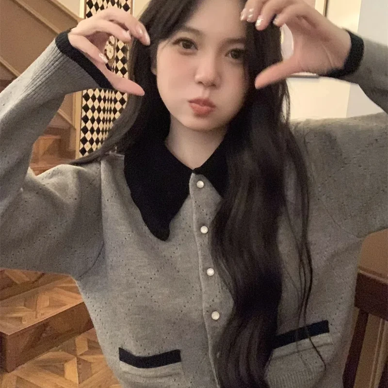 

Color Blocking Lapel Knitted Sweater Jacket for Women's New Style Temperament Single Breasted Short Top Trendy