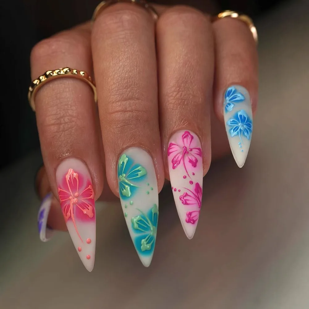 

24PCS Gradient Blending Colorful Flowers False Nails with Sweet Butterfly Pattern Almond Press on Nails Wearable Simple Nail Art
