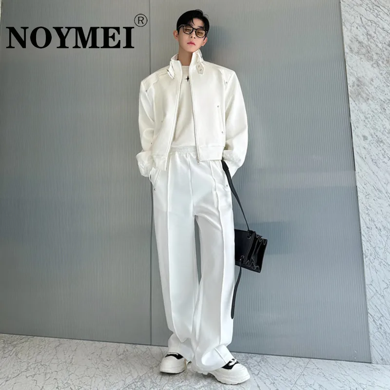 NOYMEI Fashion Trend Men's Two-piece Sets Stand Collar Metal Rivet Design Zipper Casual Jacket + Solid Color Pants  WA5699