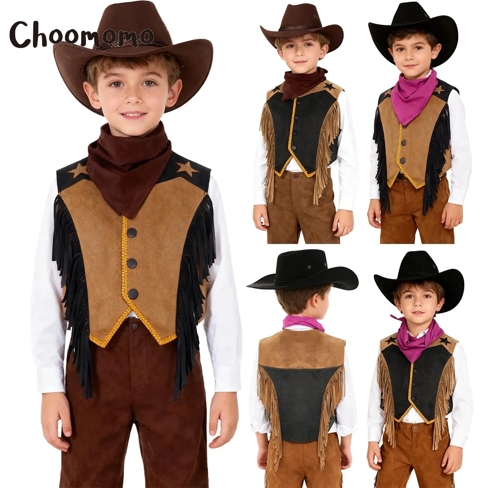 

Boys Girls Western Cowboy Costume Tassels Waistcoat Fringed Vest Jacket with Hat Bandana Set Carnival Halloween Fancy Dress Up