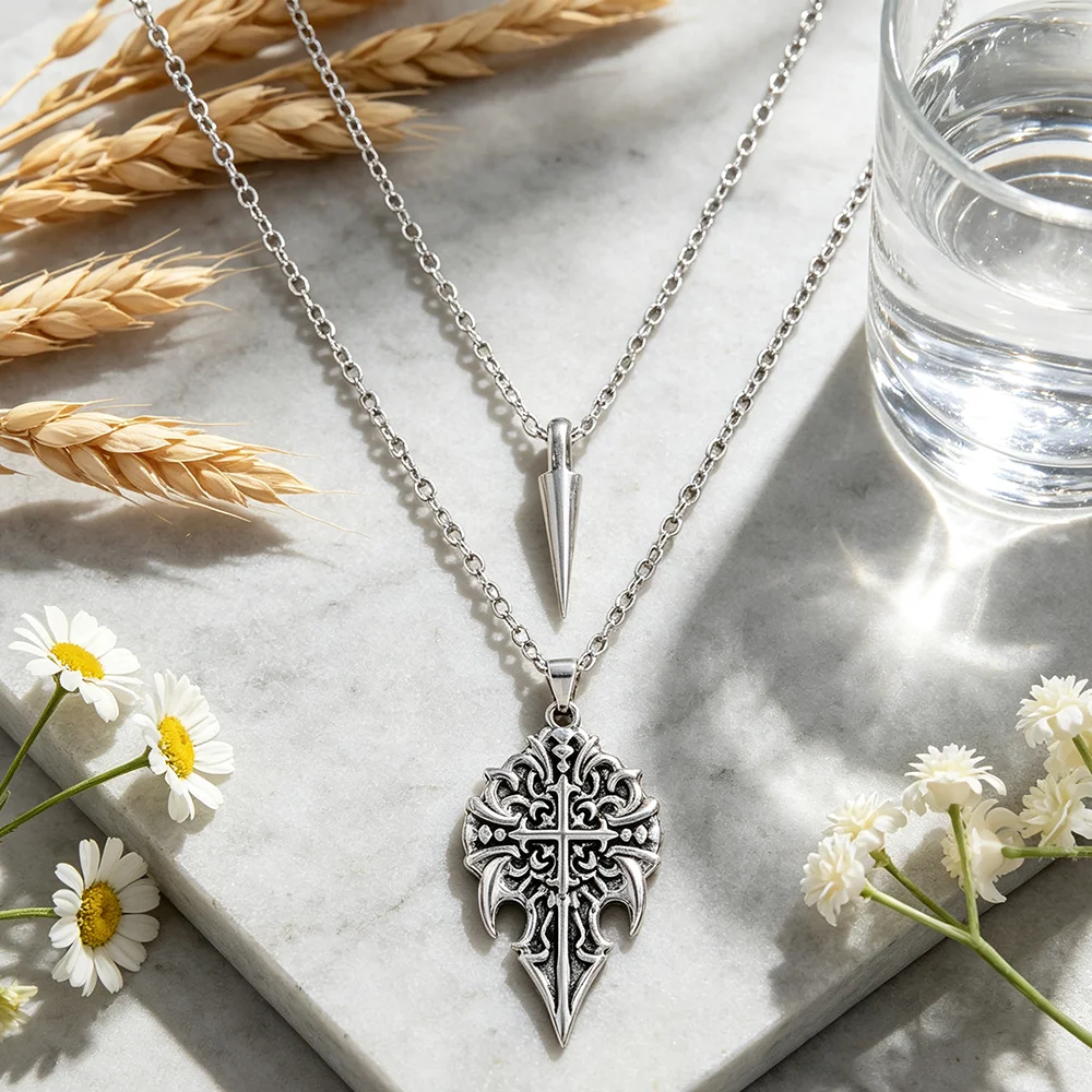 Vampire Lestat Layered Necklace, Vintage Antique Silver Gothic Cross Spear Double Chain Pendant Necklace, Dark Jewelry
