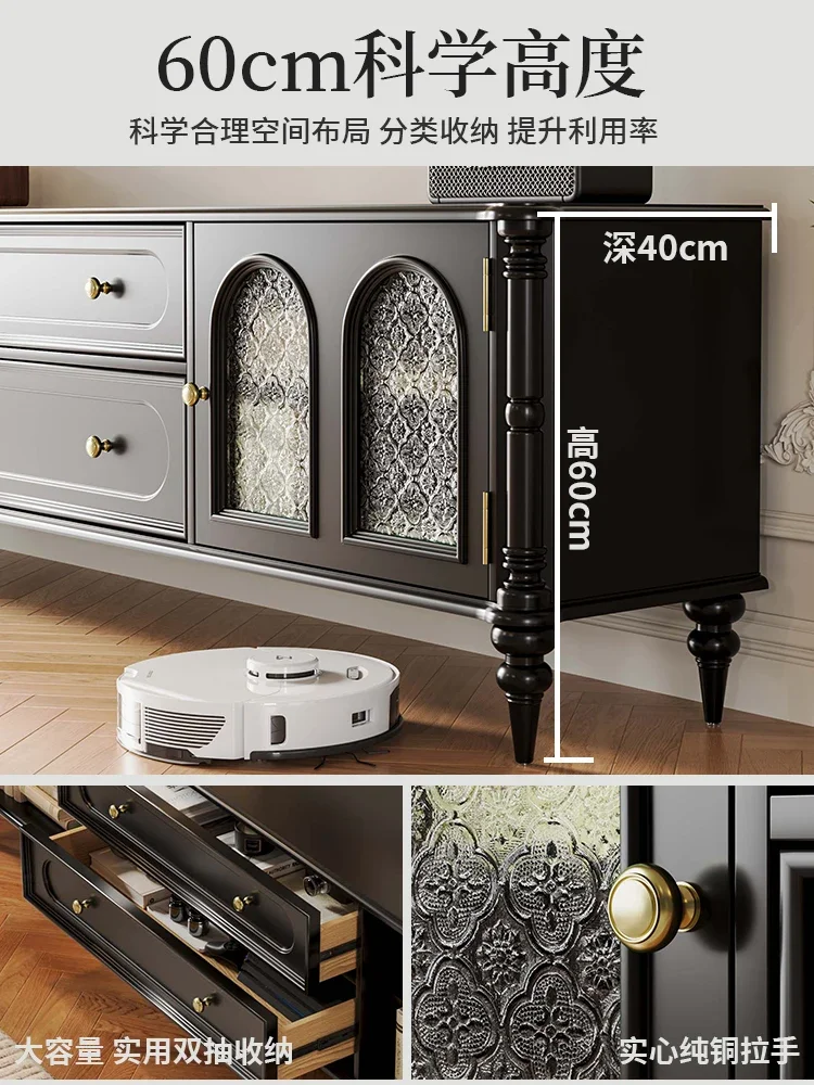 American retro black TV cabinet coffee table combination, new solid wood 2.2 meters French living room floor-to-ceiling home