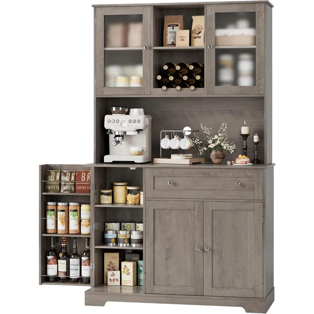 

Kitchen Pantry Storage Cabinet with Hutch, Tall Kitchen Hutch with Microwave Stand, Food Pantry Cabinet with Doors and Shelves