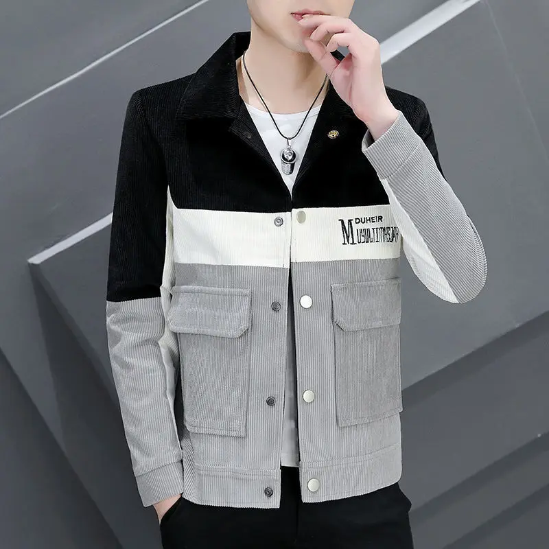 

Мужская приталенная вельветовая куртка с вышитым воротником, модный спортивный молодежный полиэфирное волокно, весна-осень, длинный све