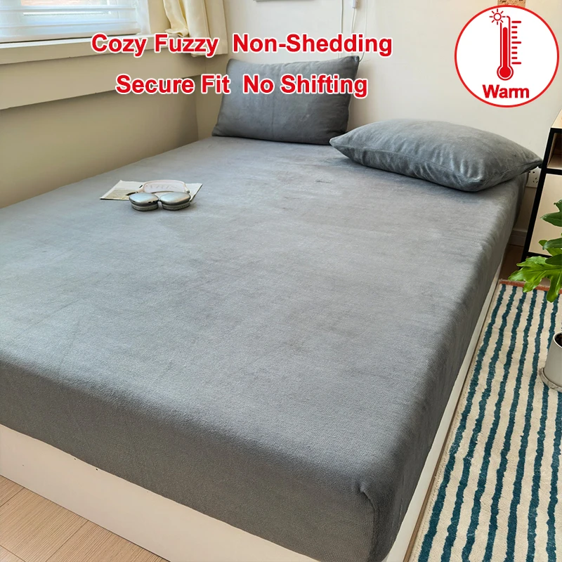 Solid Flannel Fitted Sheet, Cozy Fuzzy Warm Plush Mattress Cover, Non-Shedding Secure Fit No Shifting Soft Bed Fitted Sheet