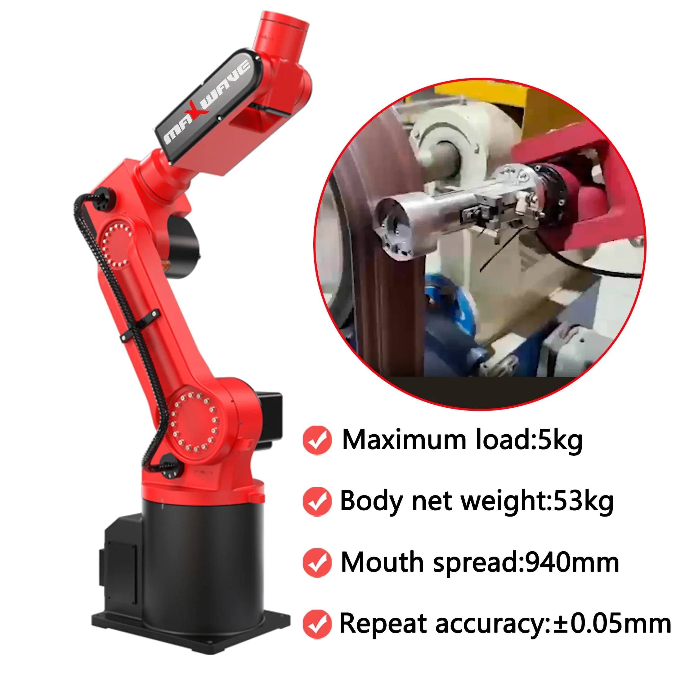 หุ่นยนต์อุตสาหกรรม Maxwave Six Axis สําหรับการเชื่อมอย่างต่อเนื่อง การจัดการวัสดุ ใช้งานง่าย