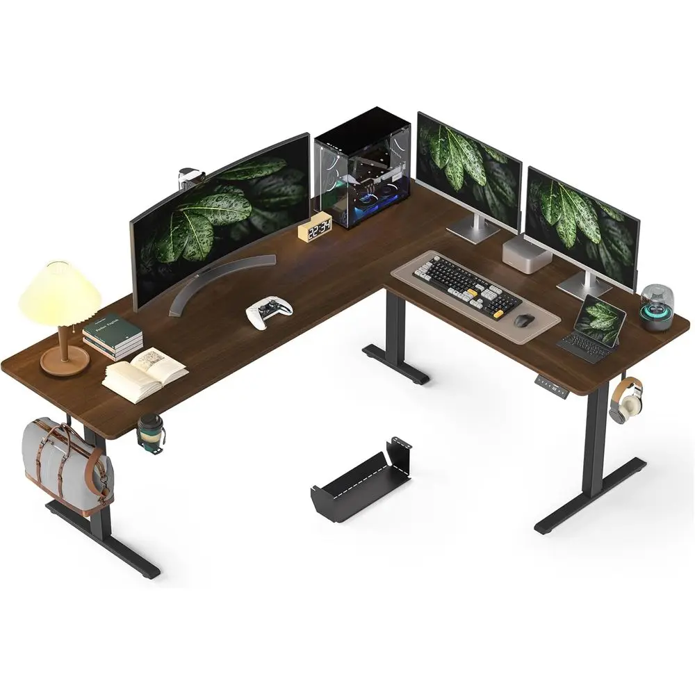 75x61 Inches Reversible L Shaped Standing Desk Height Adjustable with Cup Holder, Electric Computer Workstation or Home Office,
