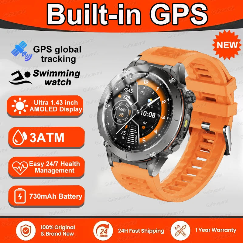 GUHUAVMI 2025 Original GPS Smart Watch Männer 1,43'' AMOLED HD Bildschirm Kompass BT Anruf 3ATM Wasserdicht SWIM 730 mAh Sport Fitness Smartwatch 9