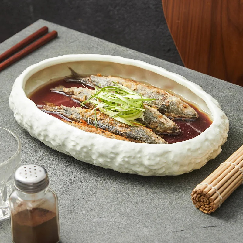 Beige Glazed Rock Patterned Ceramic Soup Plates, Tableware, Oval Fish Plates, Seafood and Sashimi Feast Plates, Kitchen Utensils
