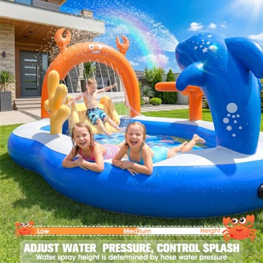 Backyard toddler pool with water slide sprinkler, PVC inflatable play center in blue and yellow, extra-large 120x70x50 splash p view 5