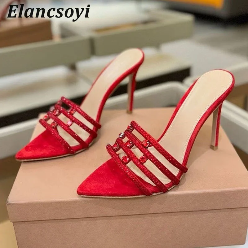 Slippers Rhinestone Pointed Toe Super High Heels Women's Thin Heels Narrow Band Lazy Sandals Summer Sexy Party Dress Shoes 2025
