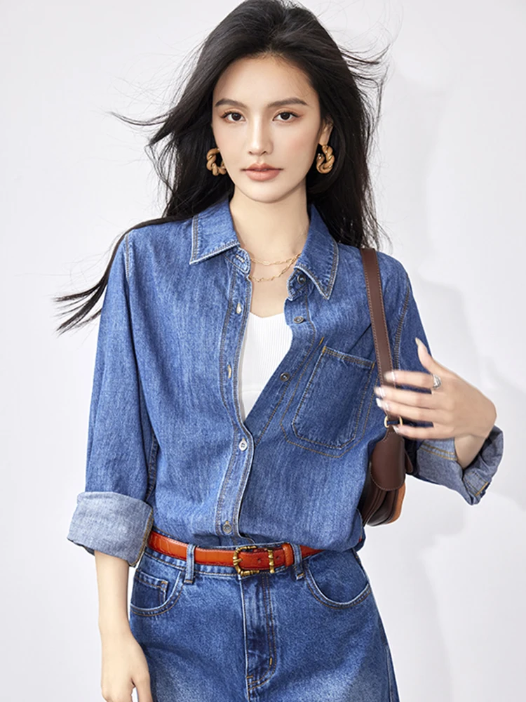 Retro Long Sleeve Denim Shirt Women Autumn New Simplicity Loose Office Lady Solid Color Turn-down Collar Casual Tops