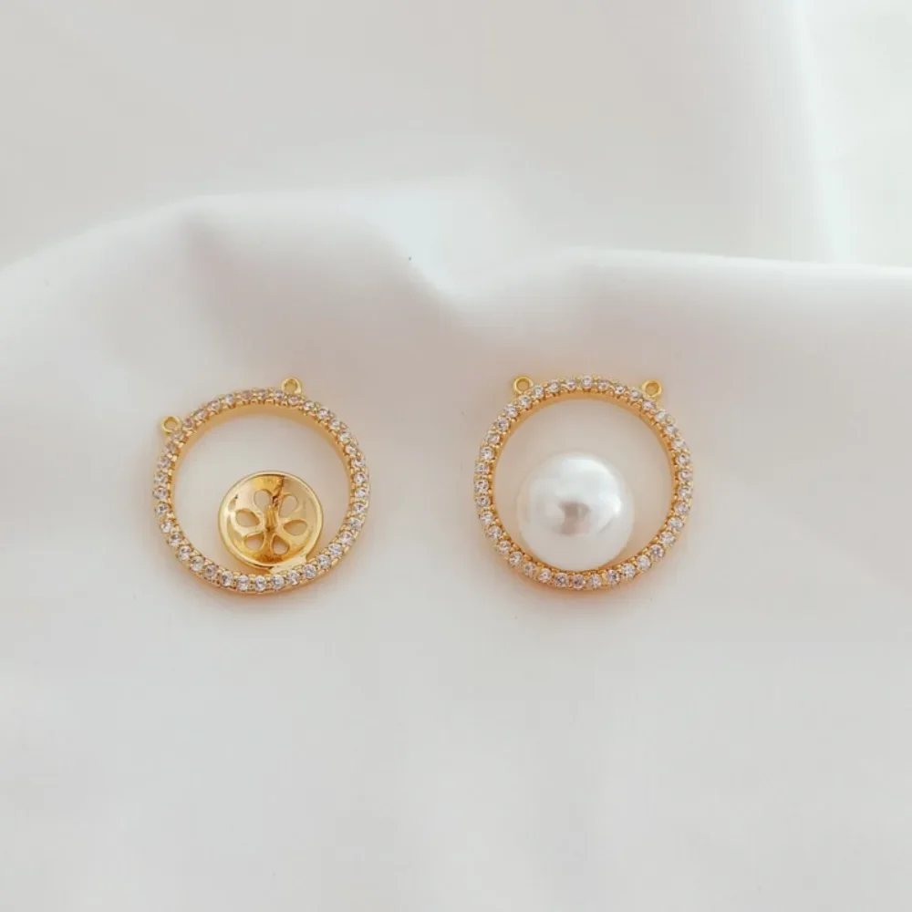 

14K Gold-plated, Zircon Inlaid, Round Empty Stand with Adhered Pearl Pendant, Handcrafted DIY Jewelry Double Hanging Accessory
