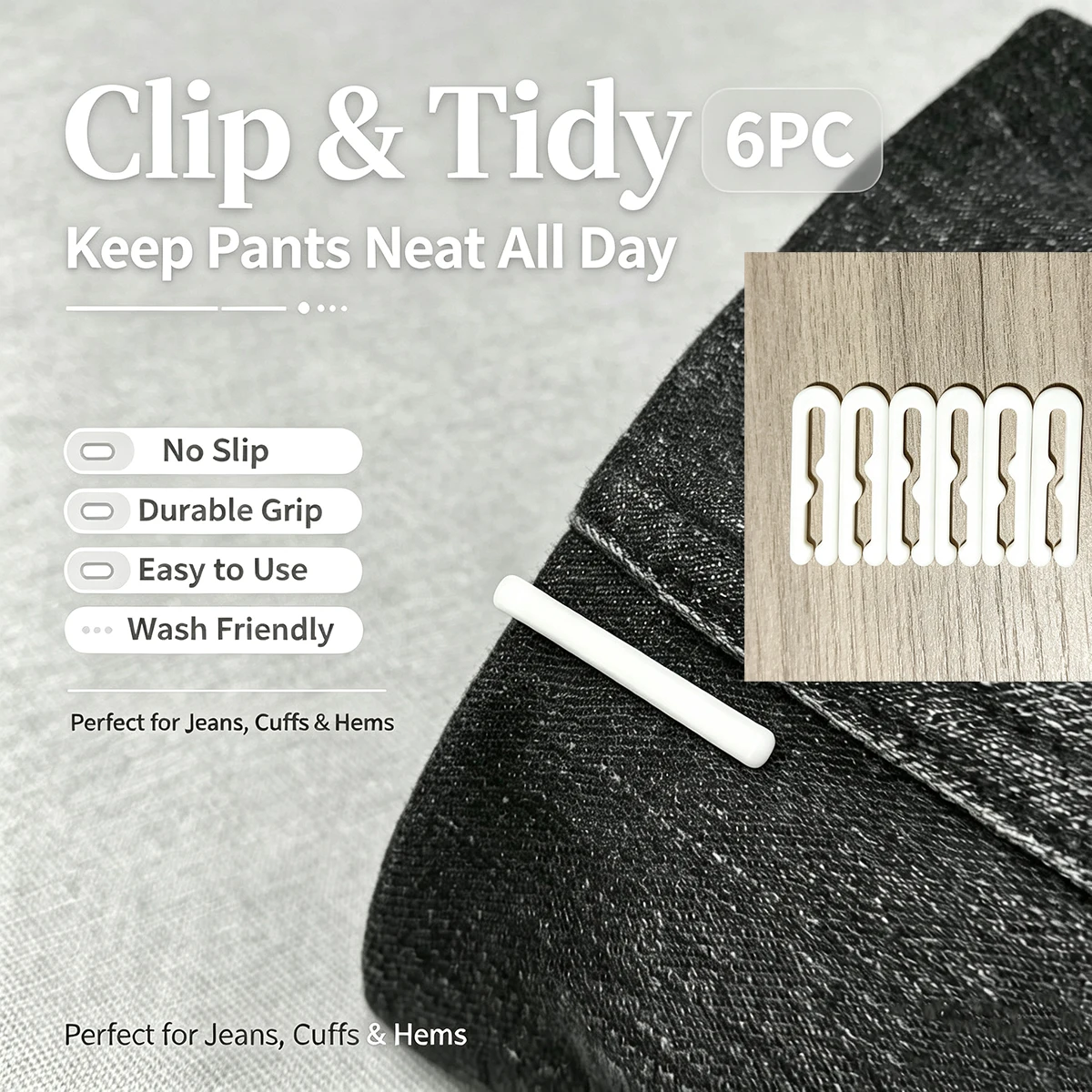 6 Pack Pant Cuff Tidy Clips, Non-slip Jeans Hem Holder, Reusable Washable Trouser Cuff Fastening Clips for Daily Use