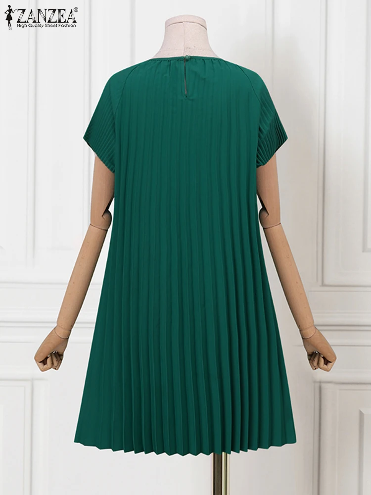ZANZEA élégant Robe d'été 2025 femmes col rond Robe plissée mode manches courtes fête décontracté couleur unie Mini robes Robe