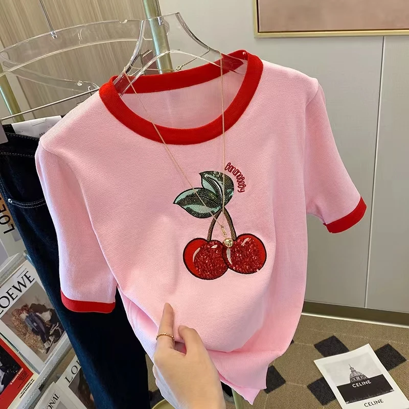 2024 Sommer Kirsche Pailletten Stickerei gestrickt T-Shirt Damen süße kurz ärmel ige Pullover Pullover dünne T-Shirt Strickwaren Tops T-Shirts