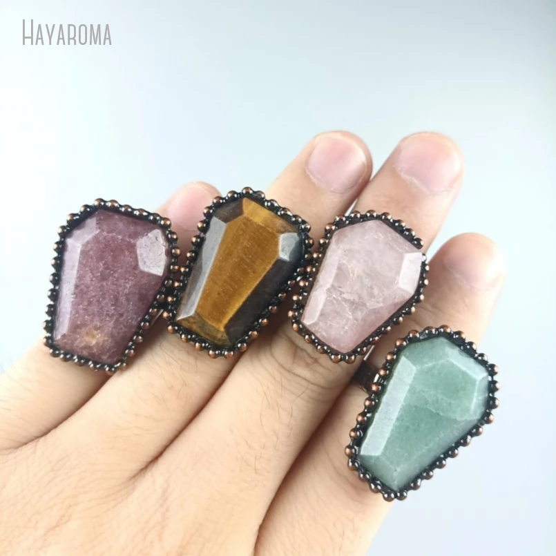 10Pcs Antique Bronze Color Tin Gemstone Vintage Style Handmade Soldered Coffin Shape Hexagon Ring RM48345