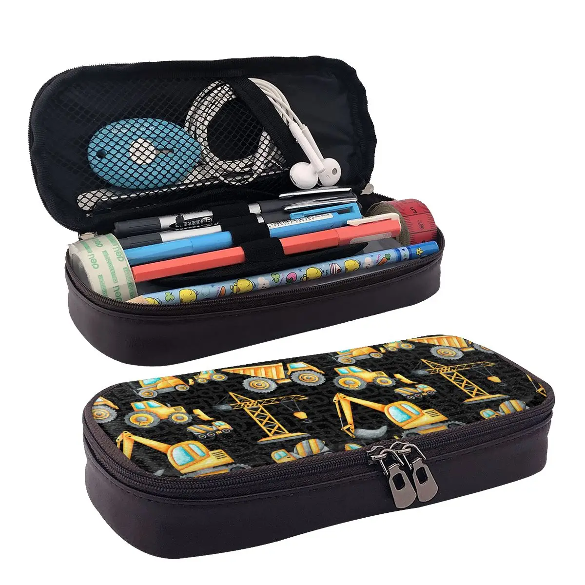Yellow Construction Trucks Pattern Leather Pencil Case for Kids Gifts Pen Box Pencil Bag Stationery Supplies Pen Holder Bag