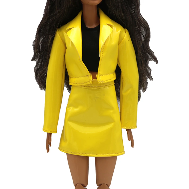 6 Points Doll Yellow Leather Jacket Doll Clothes Plush Jacket Fashionable Suit Skirt Beret Hat Suitable For 11.8inch Doll Casual