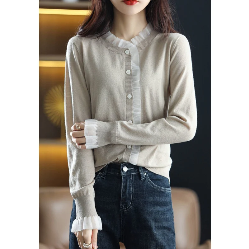 Women\'s Korean Mesh Lace Patchwork Elegant Chic Button Knitted Sweater Spring Autumn Casual Loose Basic Ladies Knitwear Clothing