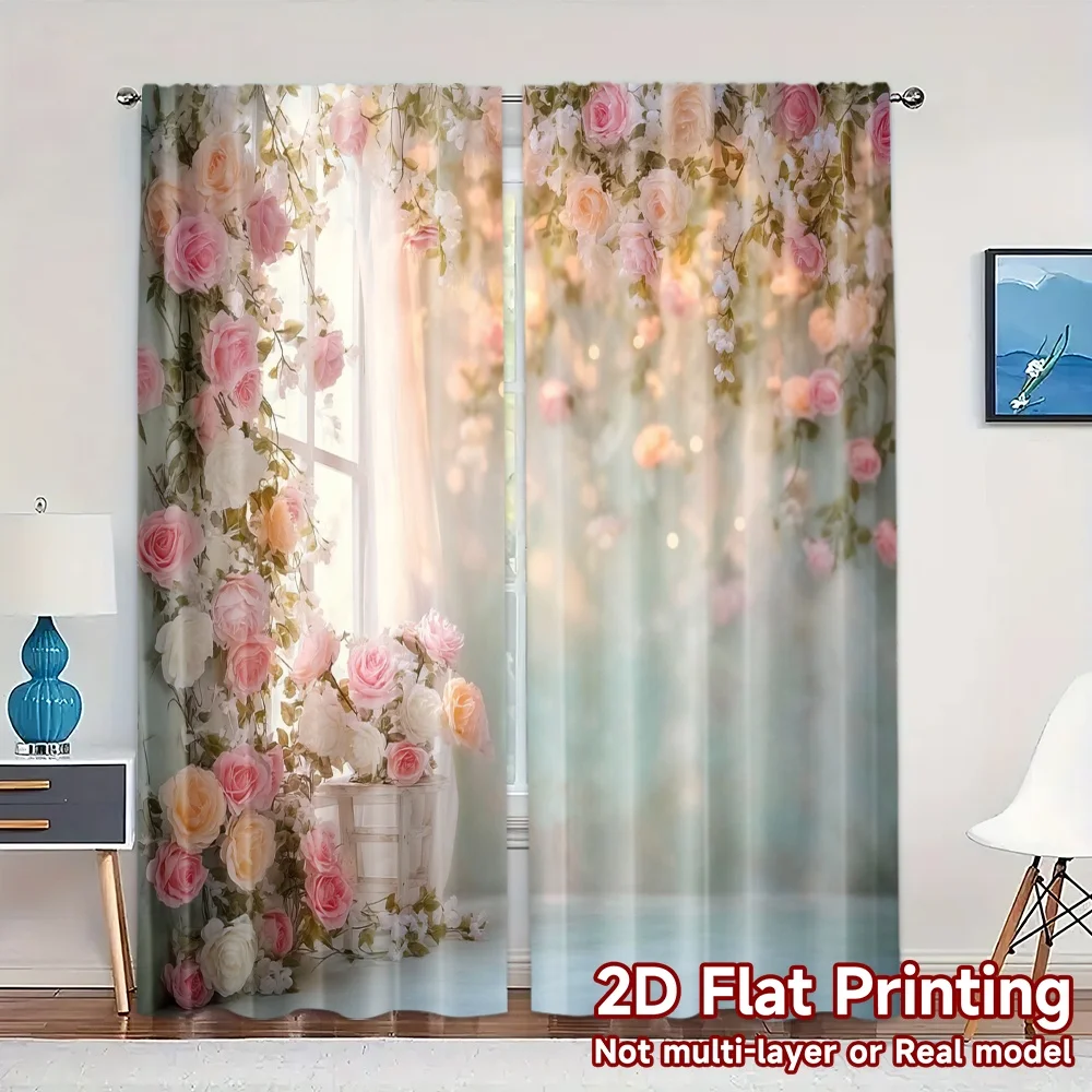 2pcs, 2D FLAT PRINTING Curtains (Without Rod) Rose Serenity Popular Window Curtain Versatile Polyester Fabric Curtains