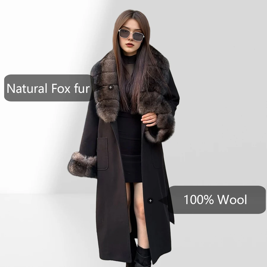 ใหม่ CASHMERE Coat ผู้หญิงผ้าขนสัตว์ผสมยาวขนสุนัขจิ้งจอกจริง Trim ขนสัตว์ธรรมชาติแจ็คเก็ตเสื้อผ้าหรูหราเสื้อขนสัตว์แคชเมียร์