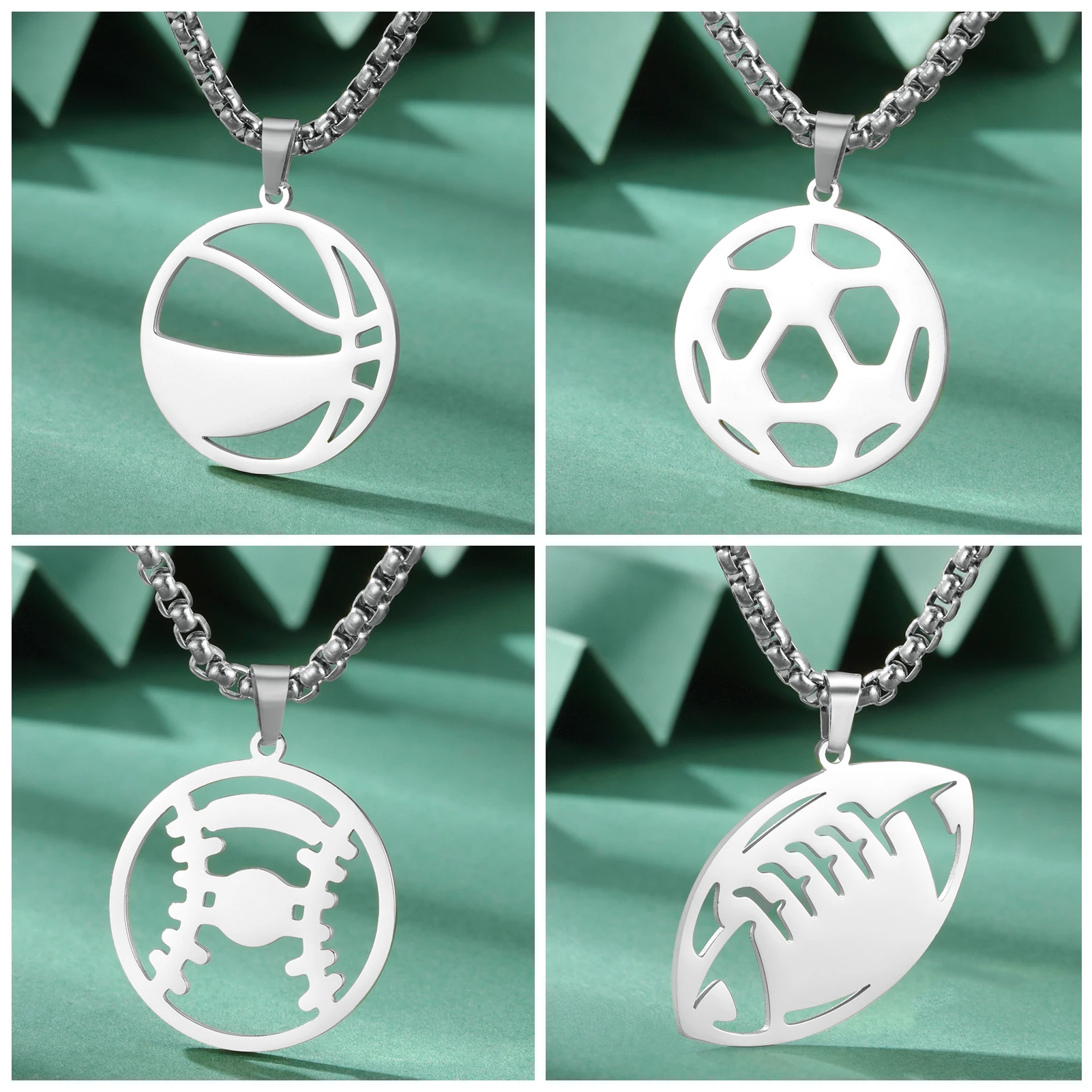 Unift Ball Necklace for Men Stainless Steel Rugby Baseball Football Soccer Basketball Pendant Hip Hop Sport Jewelry Gift