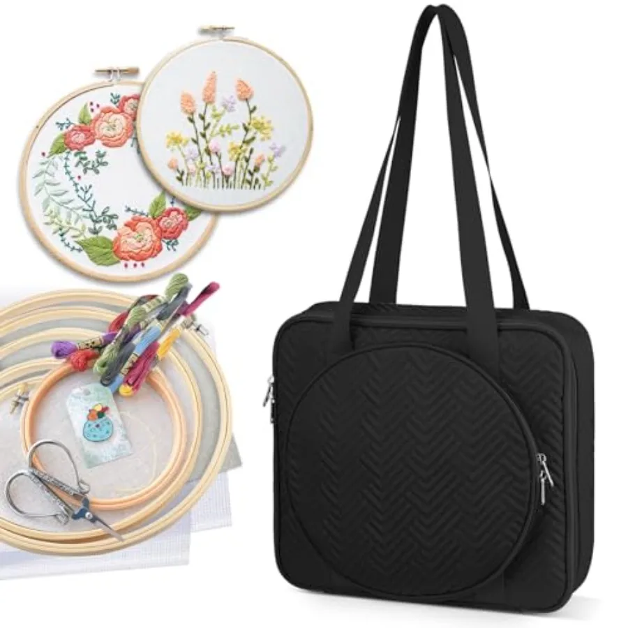

Embroidery Bag Cross Stitch Storage Square Quilted Tote Organizer with Multiple Pockets for Floss Hoops Thread Stitch Tools Kit
