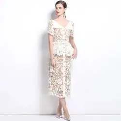 Quality Summer Beaded Diamonds Embroidery Beige White Lace Evening Dress Women Short Sleeve Ruffle Peplum Midi Prom Dresses Long