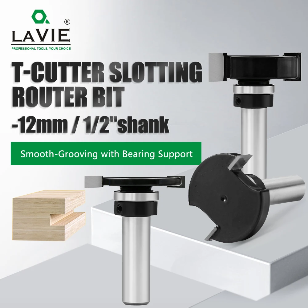 

LAVIE 1pc 12mm 1/2 Shank T-Slot Router Bit with Bearing - Double Edge Grooving Cutter for Wood Slotting & Edging C12318FX4