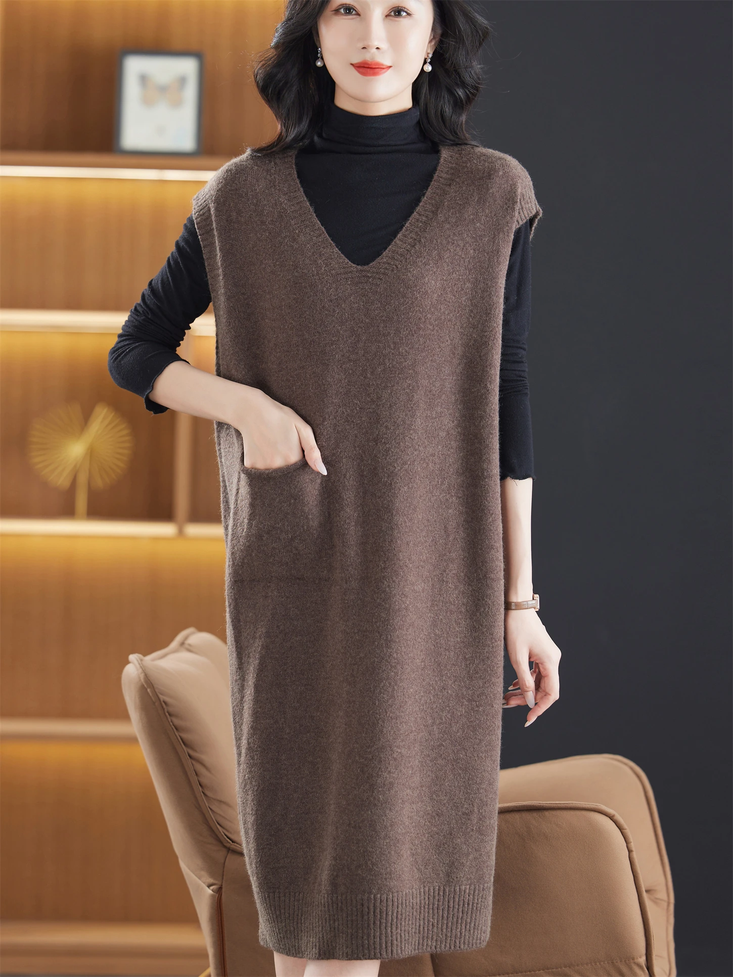 

Модное вязаное платье с V-образным вырезом для молодых мам, свободный крой, жилет-свитер, миди-платье, повседневная одежда, легко стирается