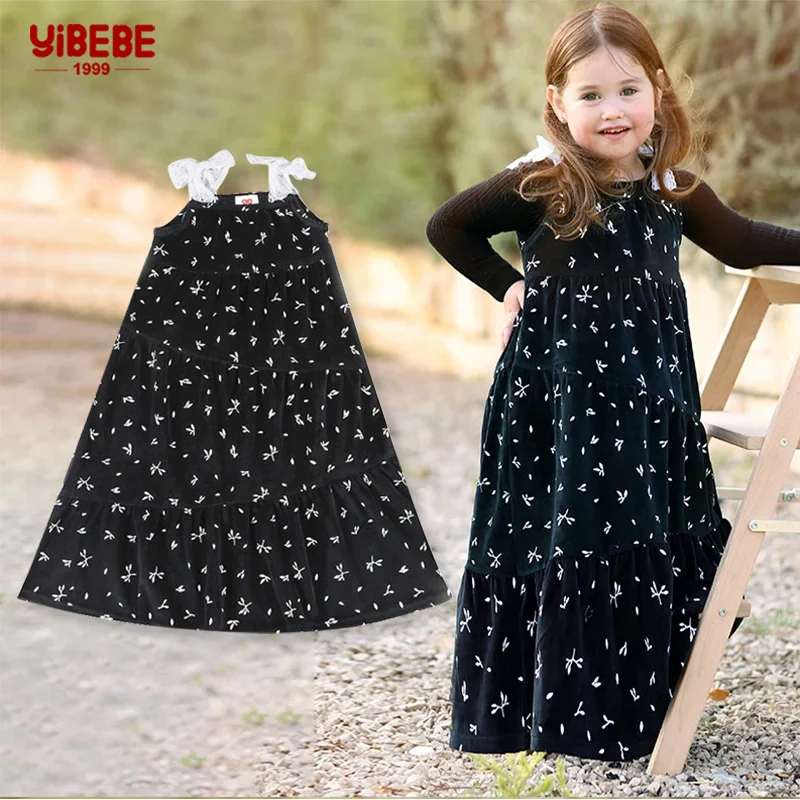 3T-20T Toddler Girl\'s Maxi Dress Girl Lace Tie Shoulder Sleeveless Overall Dress Black Velvet Winter Robe DressSuspender Skirt