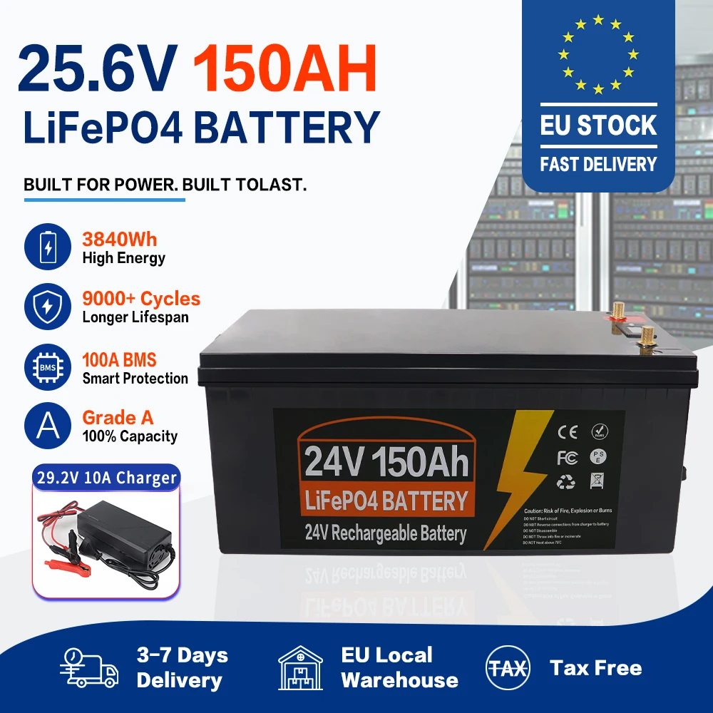 12V 24V 100AH 150AH 200AH 350AH LiFePO4 Lithium-Eisenphosphat-Batterie mit integriertem BMS, 9000 Zyklen, für Wohnmobile, Golfcarts, Solarspeicher